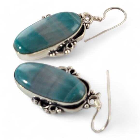 Sterling Silver Teardrop Earrings with Striated Blue Gemstone - Picture 15 of 16